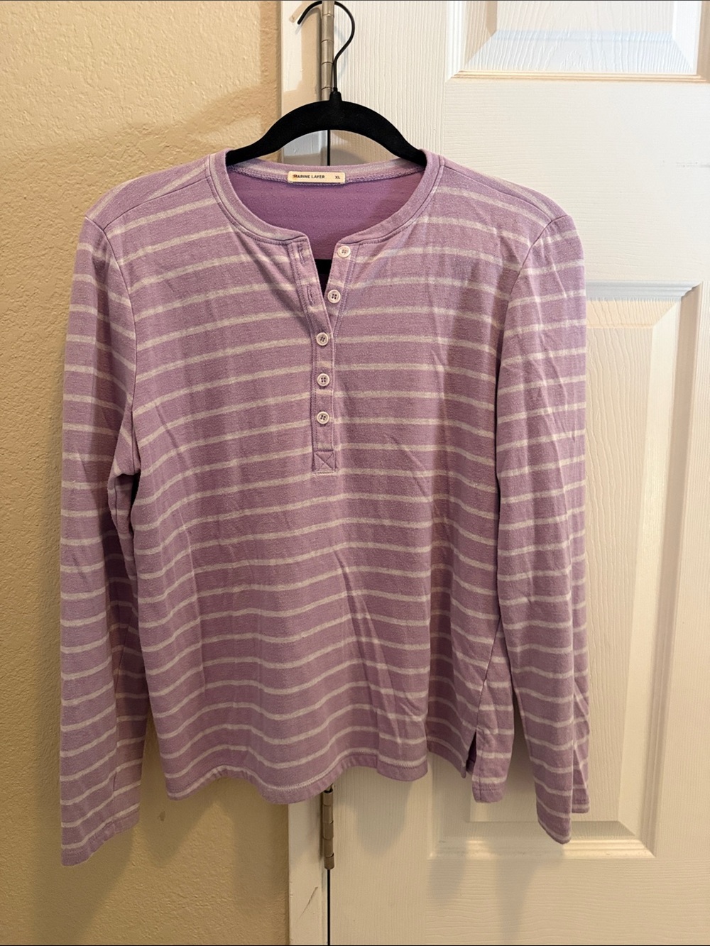 Marine Layer Lavender and White Striped Henley Long Sleeve Tee